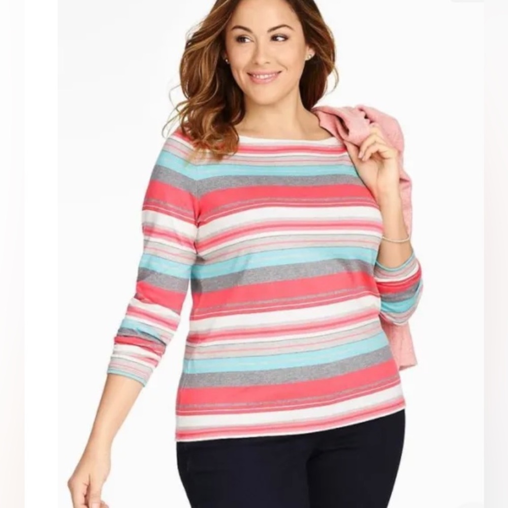 TALBOTS Orange Festive Sparkle Striped Tee, Top Size XL